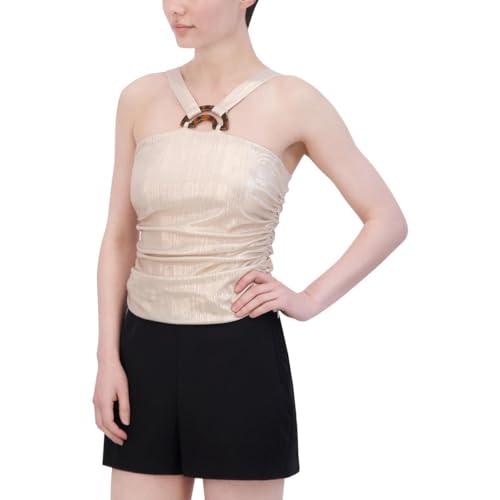 bcbgmaxazria womens metallic ruched halter top beige m