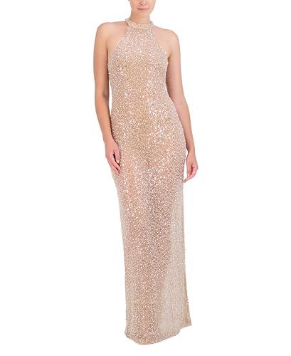 bcbgmaxazria womens sleeveless mock neck beaded mesh maxi gown dress, café au lait, 12 us