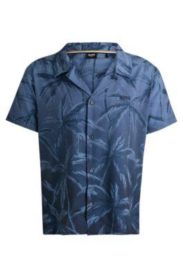 beach shirt in quick-drying fabric with seasonal print- dark blue men's beach tops