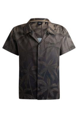 beach shirt in quick-drying fabric with seasonal print- khaki men's beach tops
