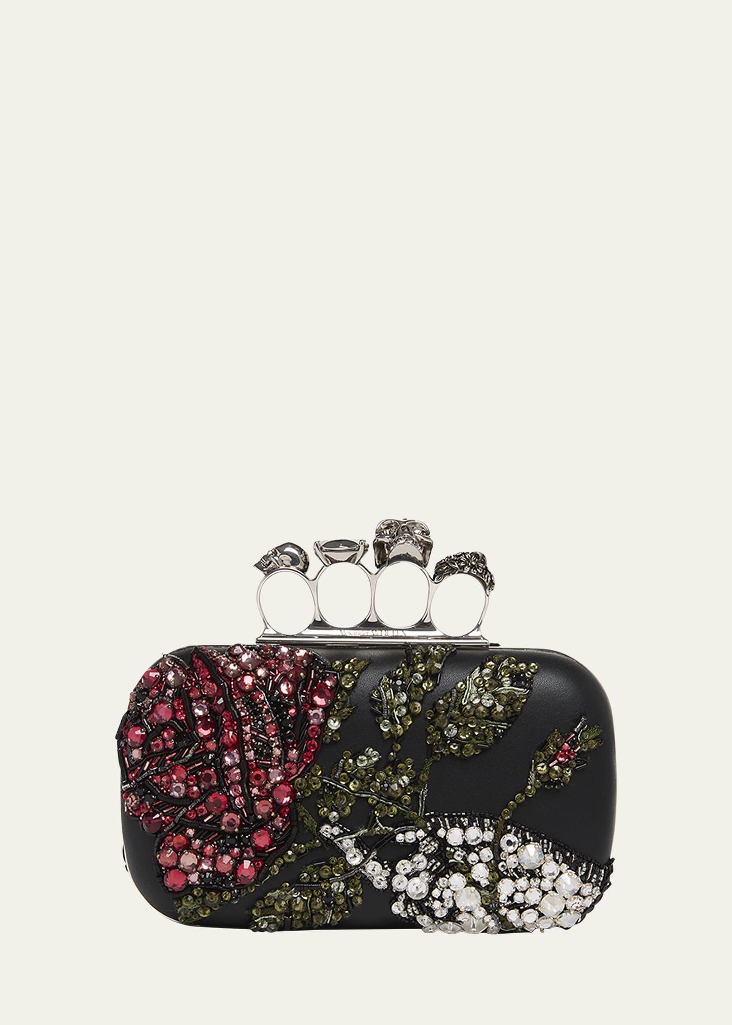 bead & crystal flower skull four ring clutch bag
