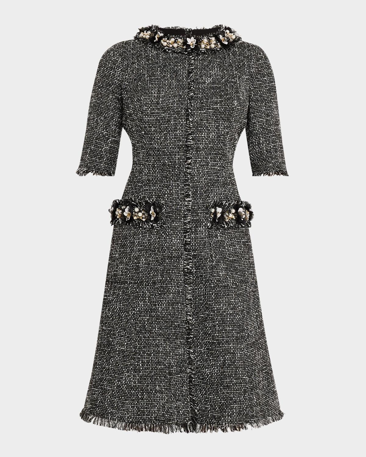 bead & pearl-embellished tweed midi dress