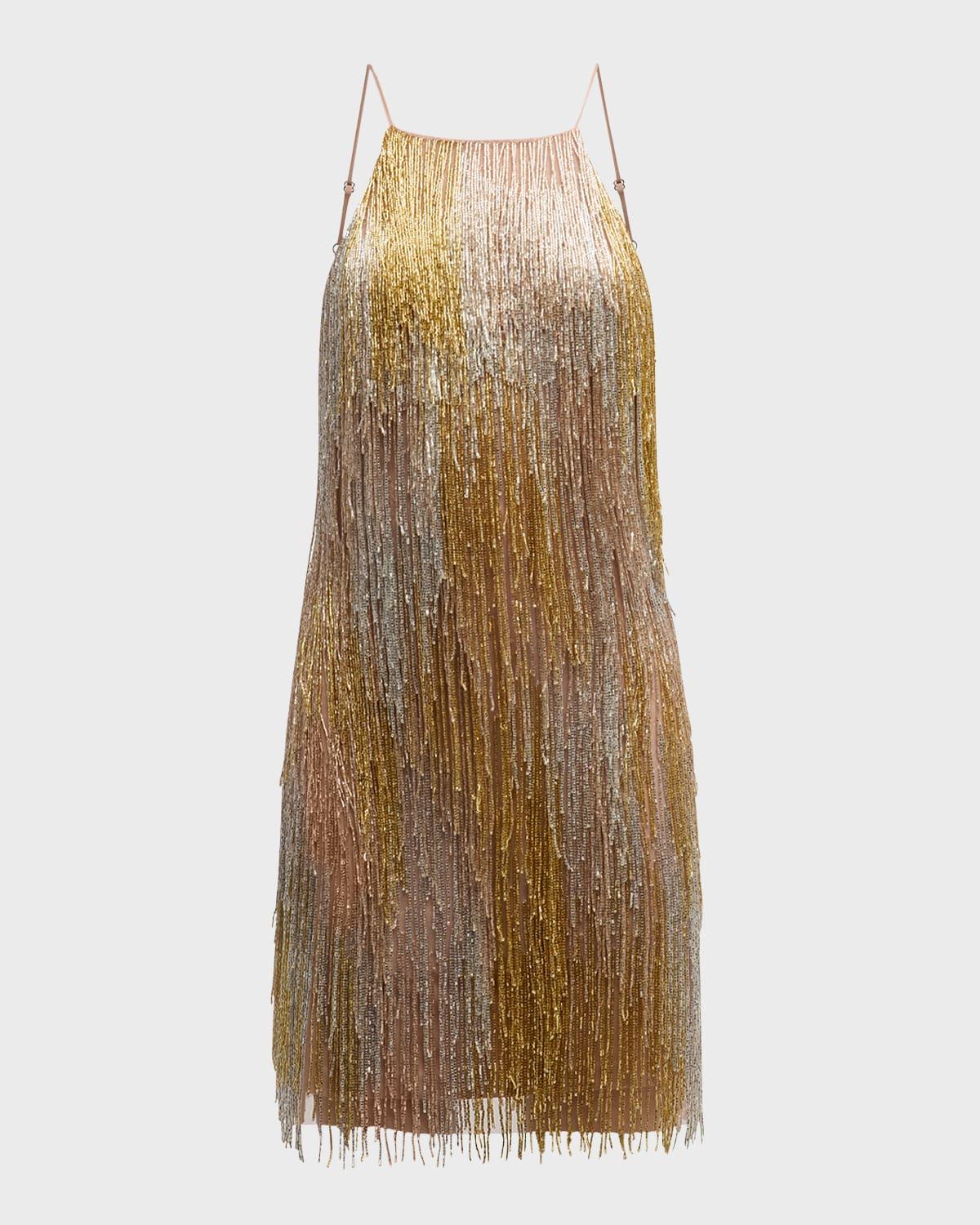 bead-fringe halter mini dress