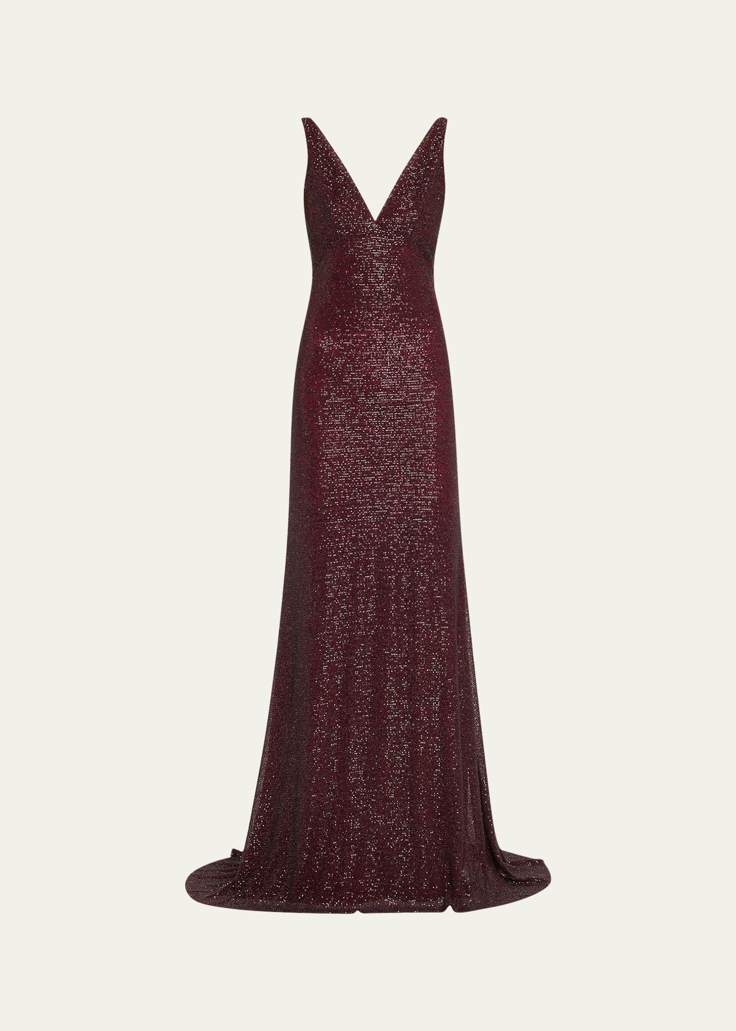 bead sequined v-neck cowl back gown