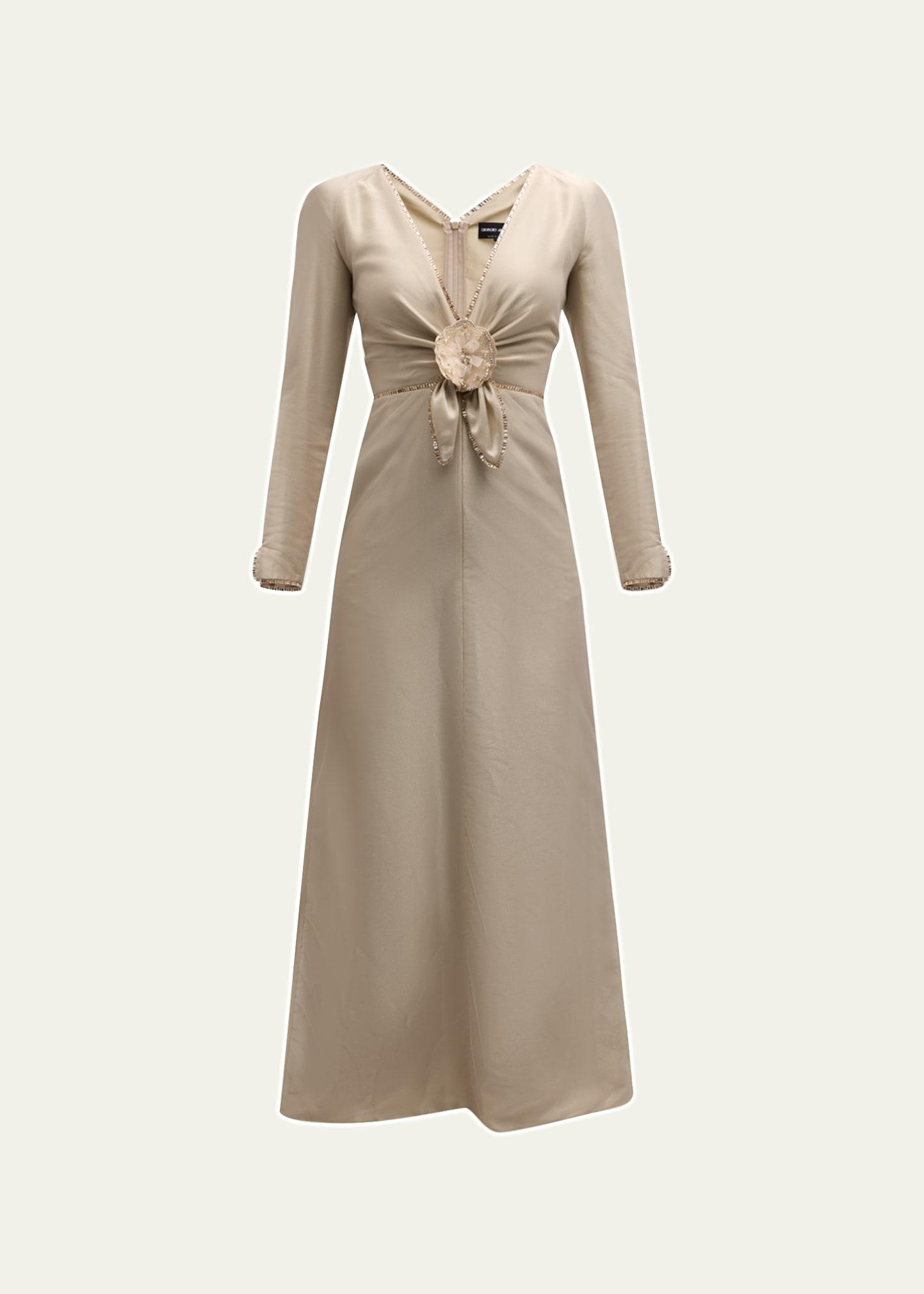 beaded a-line dress with knotted flower detail