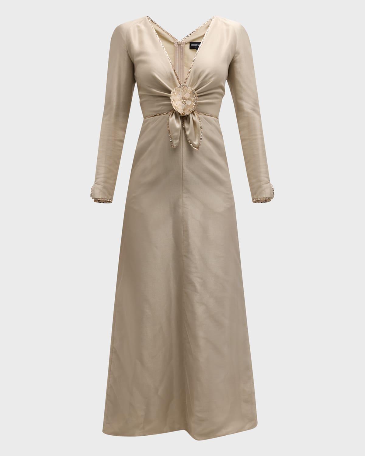 beaded a-line dress with knotted flower detail