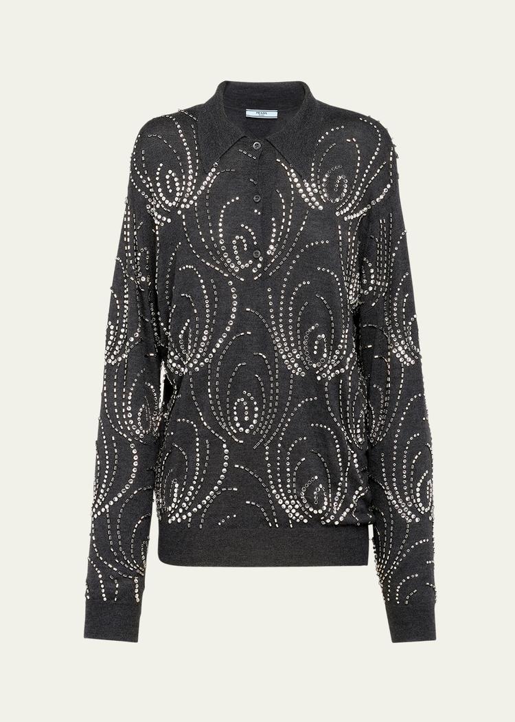 beaded crystal oversized polo cashmere shirt, gray