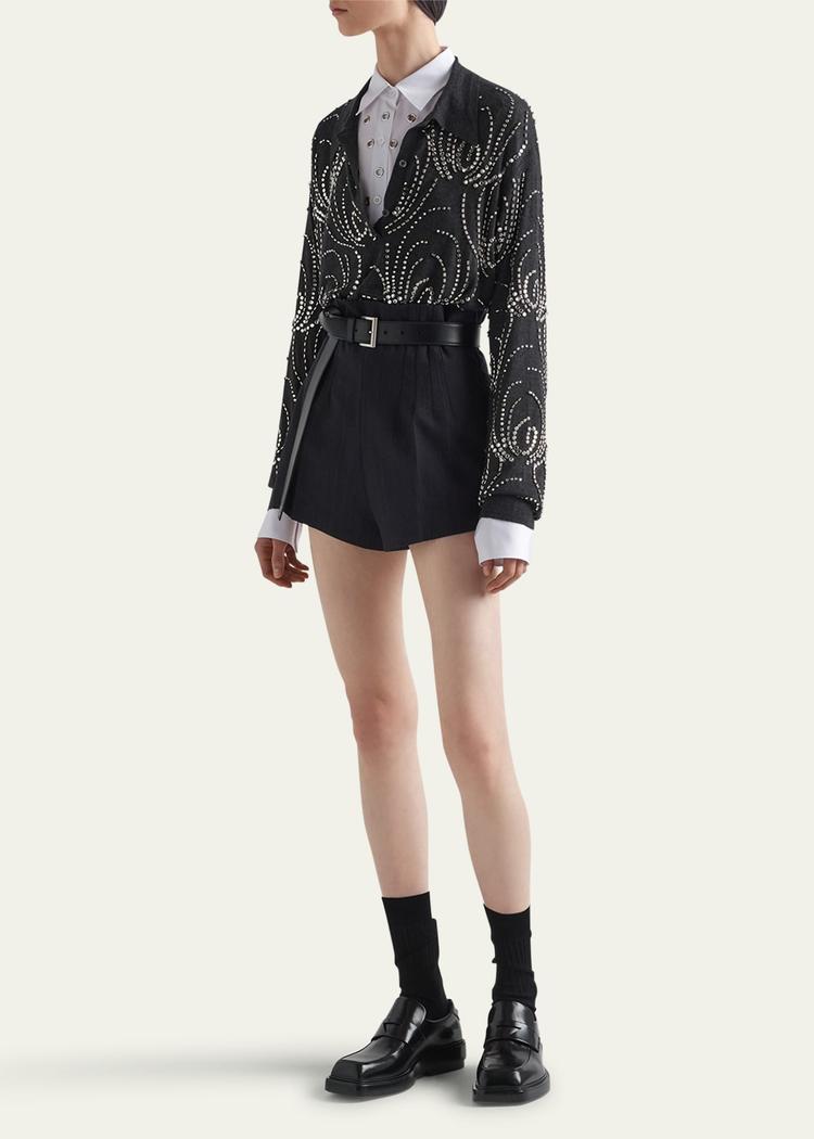 beaded crystal oversized polo cashmere shirt, gray
