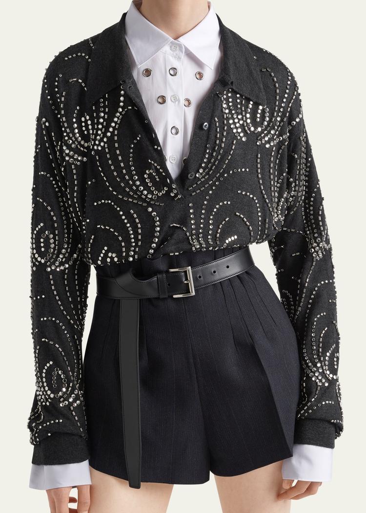beaded crystal oversized polo cashmere shirt, gray