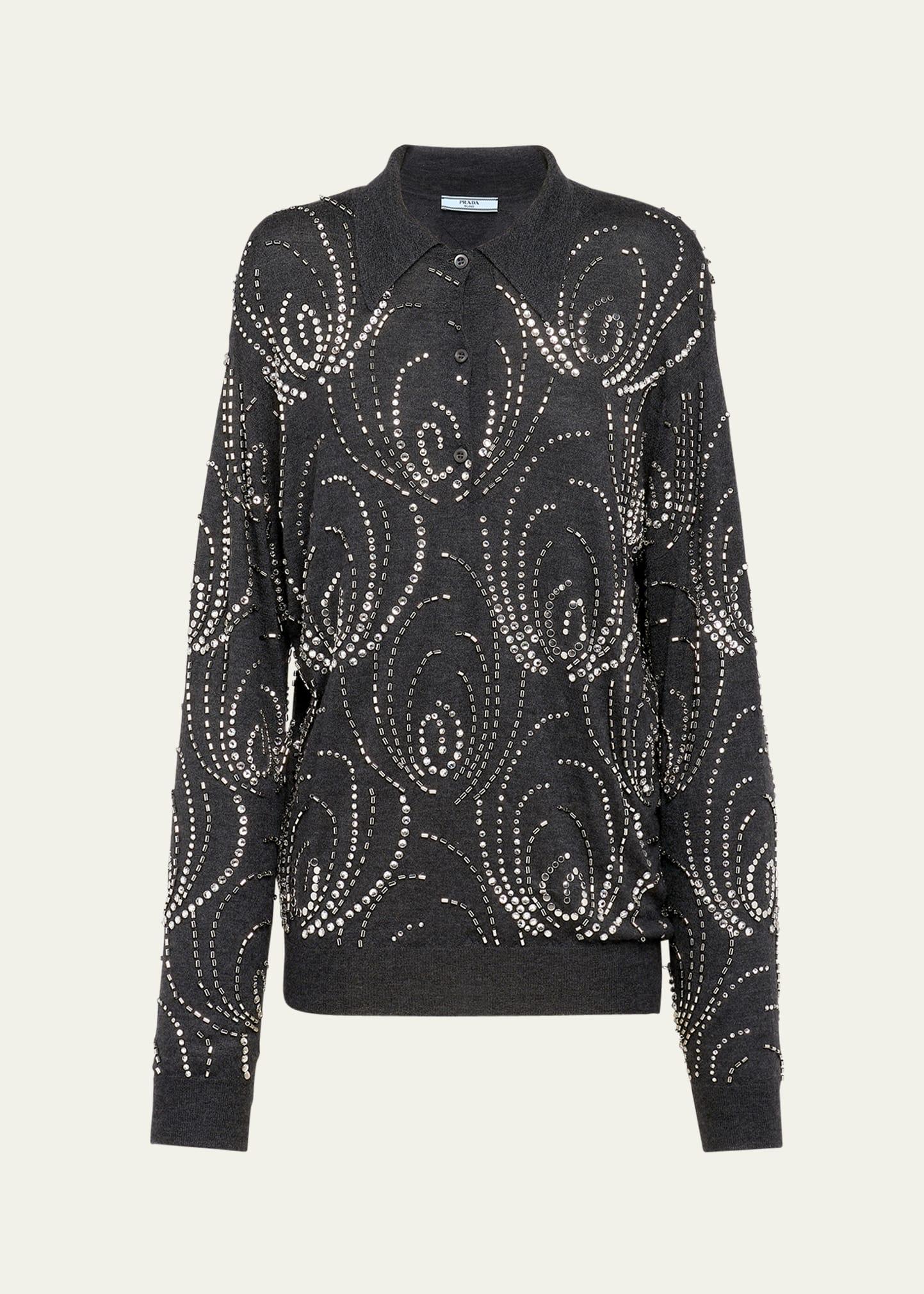 beaded crystal oversized polo cashmere shirt, gray