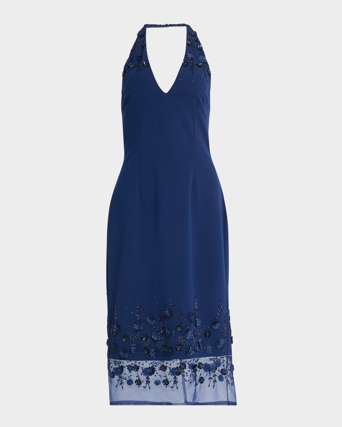 beaded floral applique halter midi dress