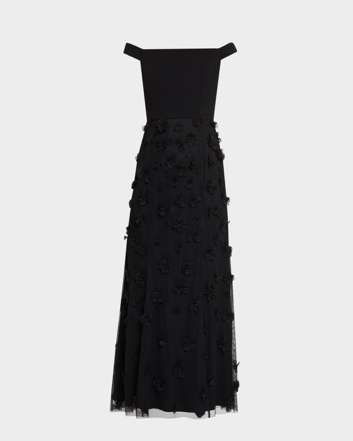 beaded floral applique off-shoulder gown