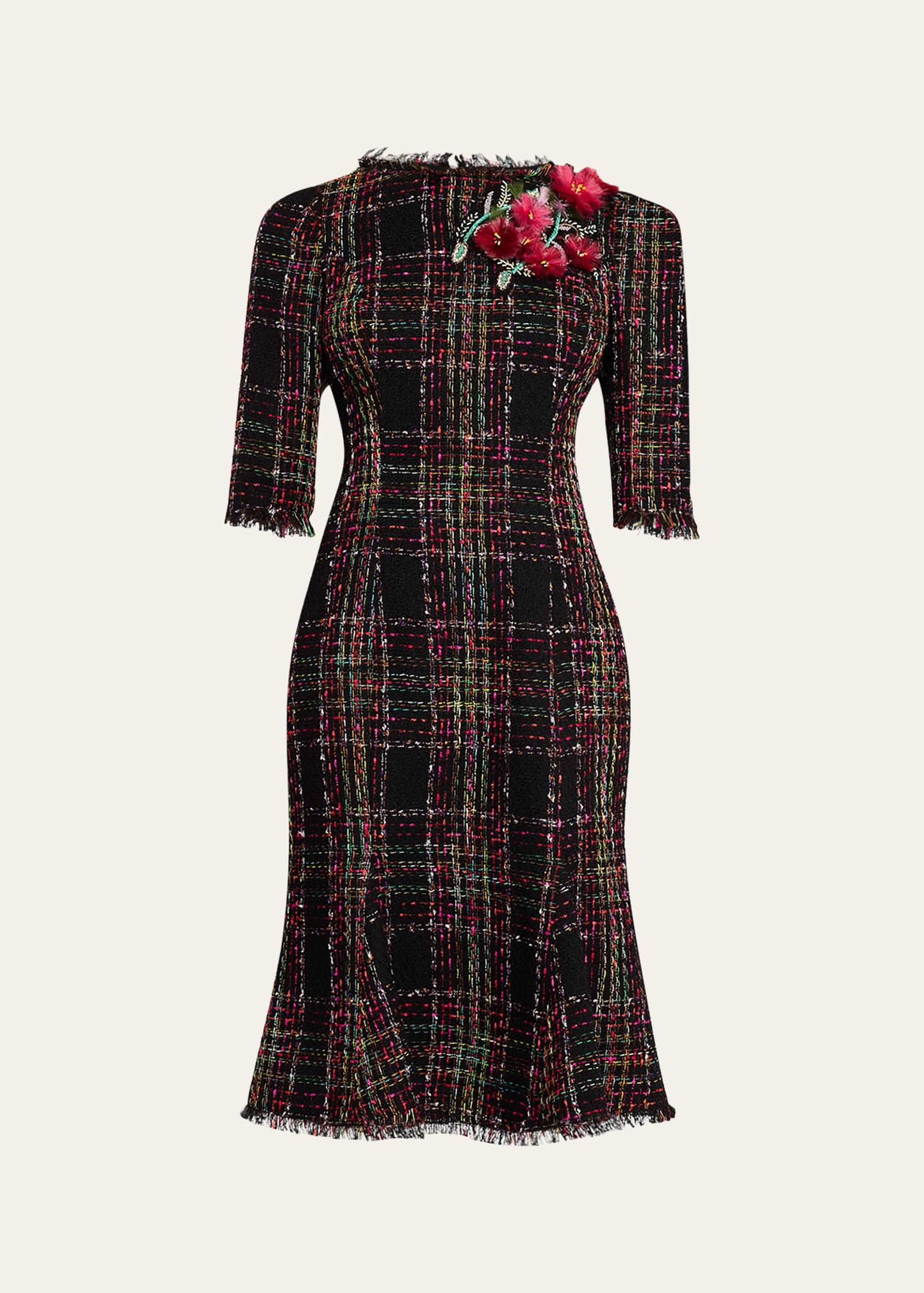 beaded floral applique tweed dress