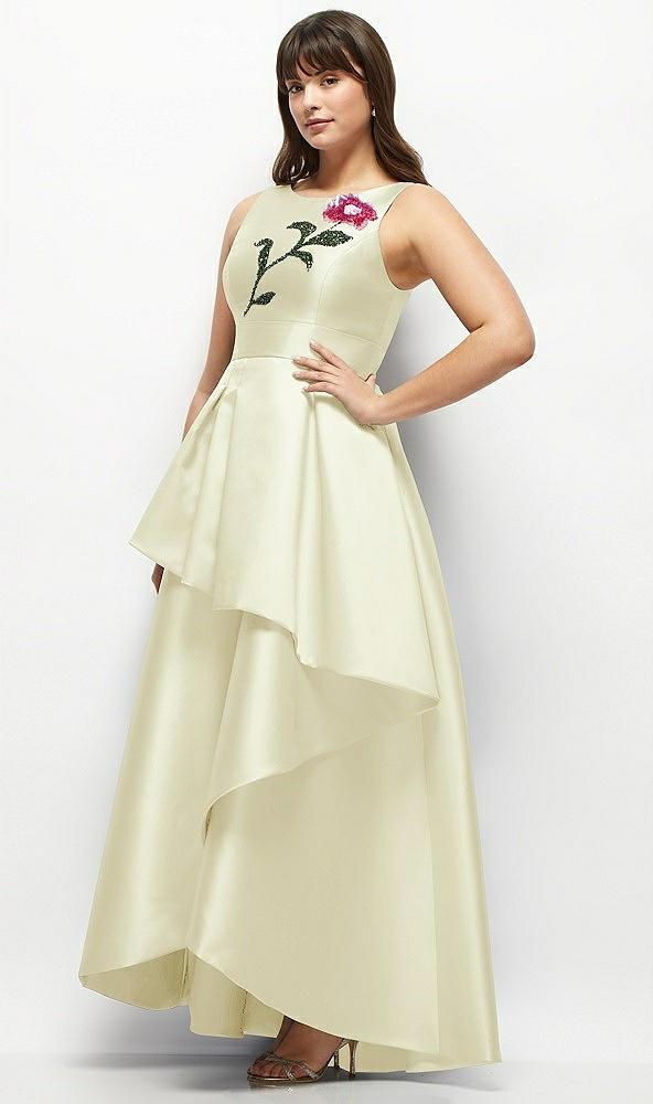 beaded floral bodice satin maxi dress with layered ballgown skirt