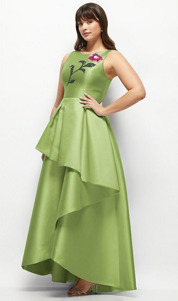 beaded floral bodice satin maxi dress with layered ballgown skirt