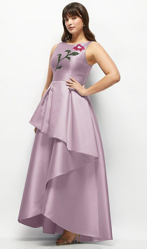beaded floral bodice satin maxi dress with layered ballgown skirt