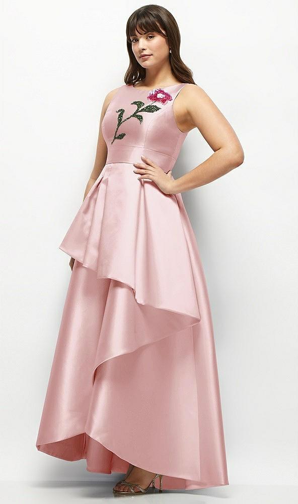 beaded floral bodice satin maxi dress with layered ballgown skirt