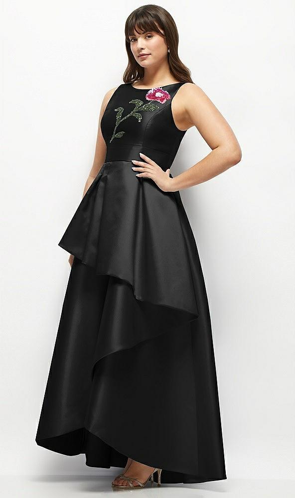 beaded floral bodice satin maxi dress with layered ballgown skirt