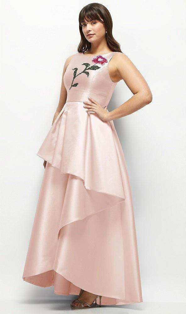 beaded floral bodice satin maxi dress with layered ballgown skirt