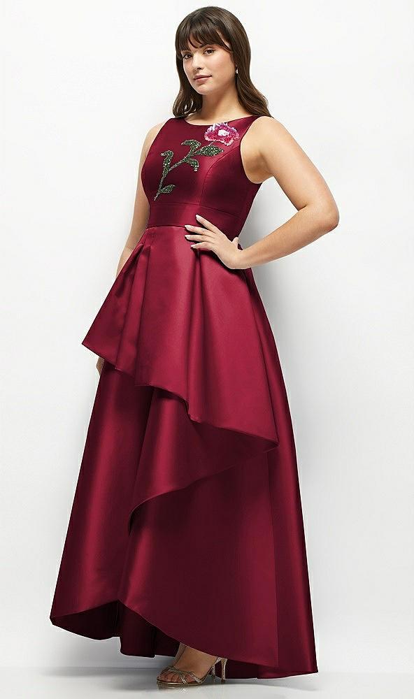 beaded floral bodice satin maxi dress with layered ballgown skirt