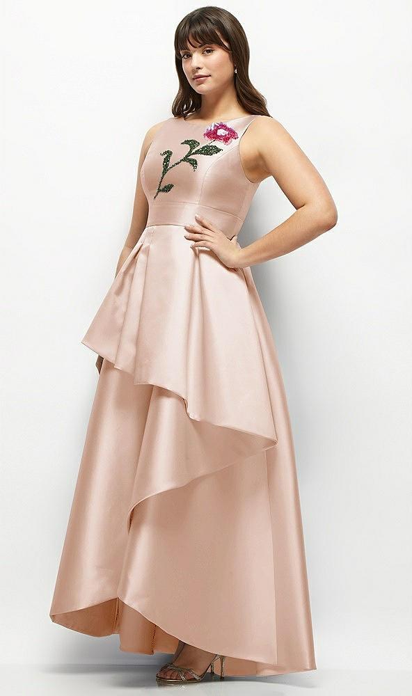 beaded floral bodice satin maxi dress with layered ballgown skirt