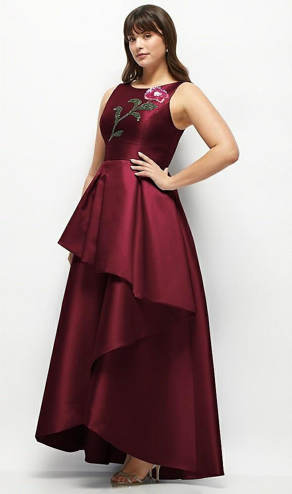 beaded floral bodice satin maxi dress with layered ballgown skirt