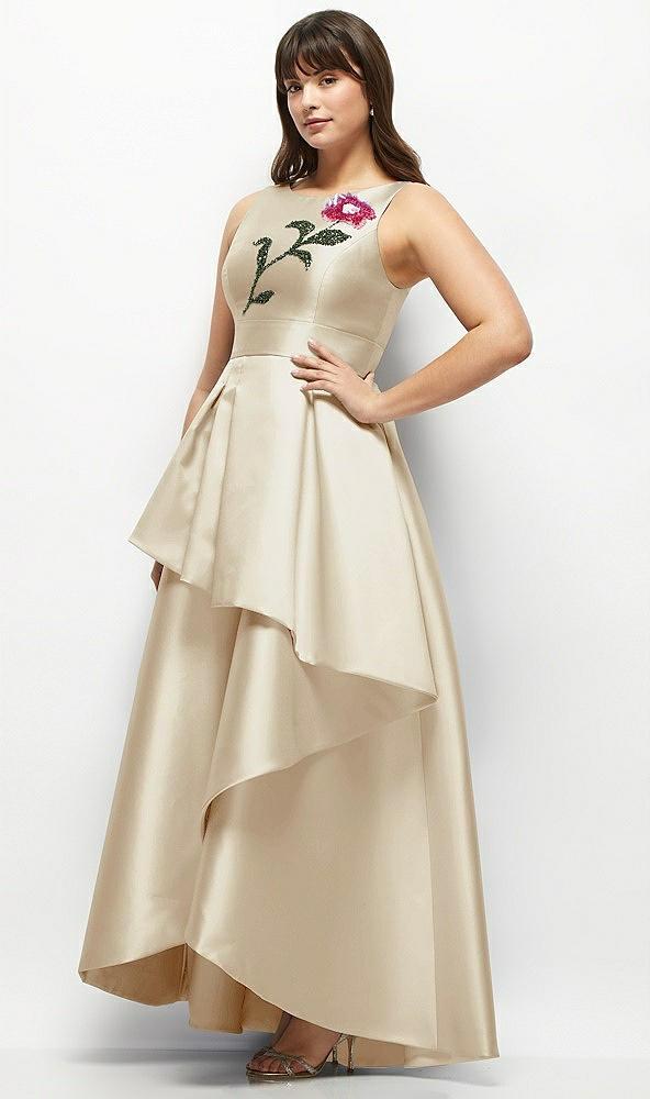 beaded floral bodice satin maxi dress with layered ballgown skirt