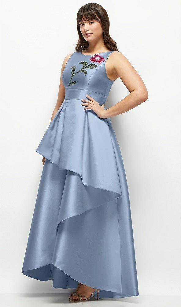 beaded floral bodice satin maxi dress with layered ballgown skirt