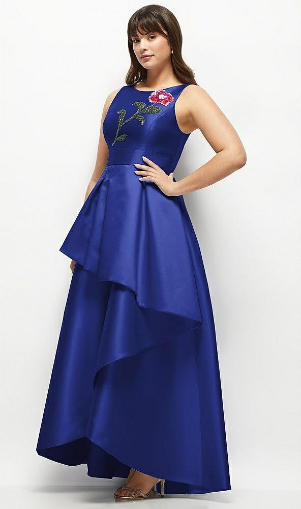 beaded floral bodice satin maxi dress with layered ballgown skirt
