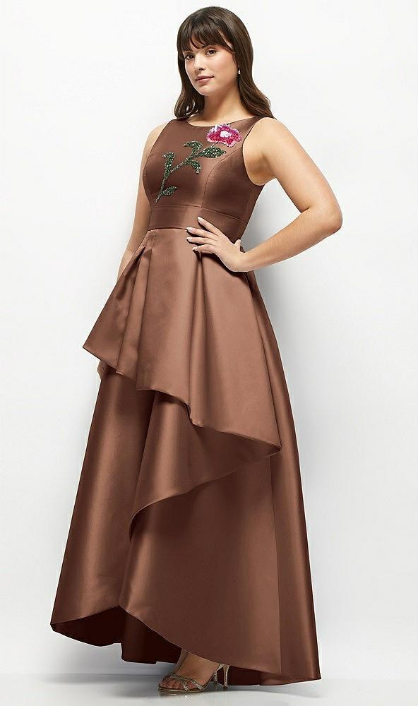 beaded floral bodice satin maxi dress with layered ballgown skirt