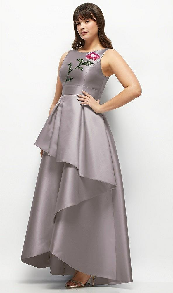 beaded floral bodice satin maxi dress with layered ballgown skirt
