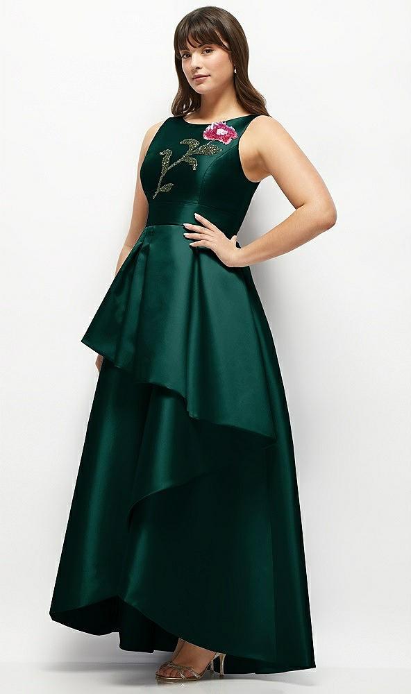 beaded floral bodice satin maxi dress with layered ballgown skirt