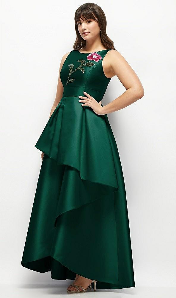 beaded floral bodice satin maxi dress with layered ballgown skirt