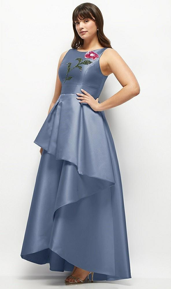 beaded floral bodice satin maxi dress with layered ballgown skirt