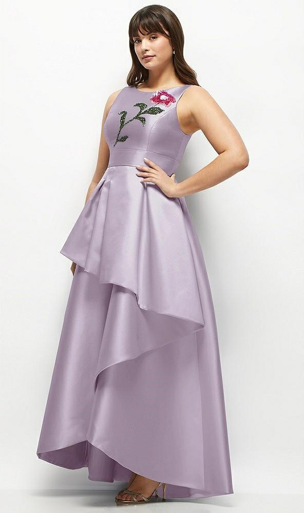 beaded floral bodice satin maxi dress with layered ballgown skirt