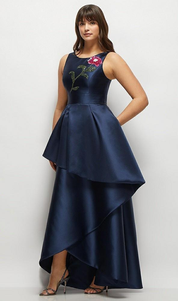 beaded floral bodice satin maxi dress with layered ballgown skirt