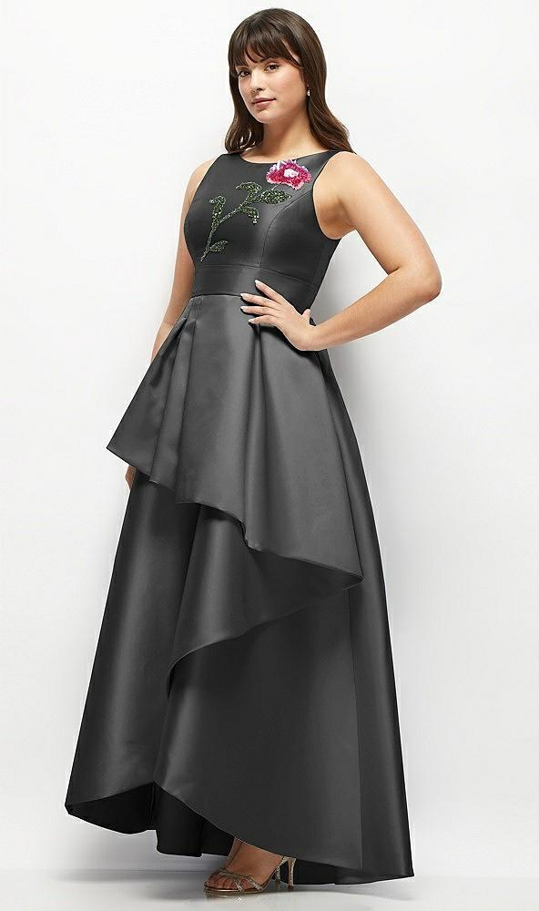 beaded floral bodice satin maxi dress with layered ballgown skirt