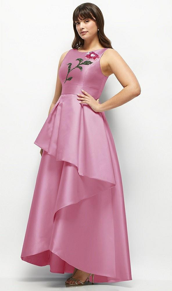 beaded floral bodice satin maxi dress with layered ballgown skirt