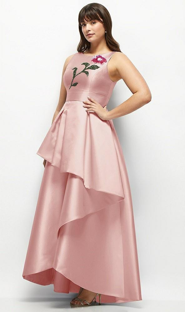 beaded floral bodice satin maxi dress with layered ballgown skirt