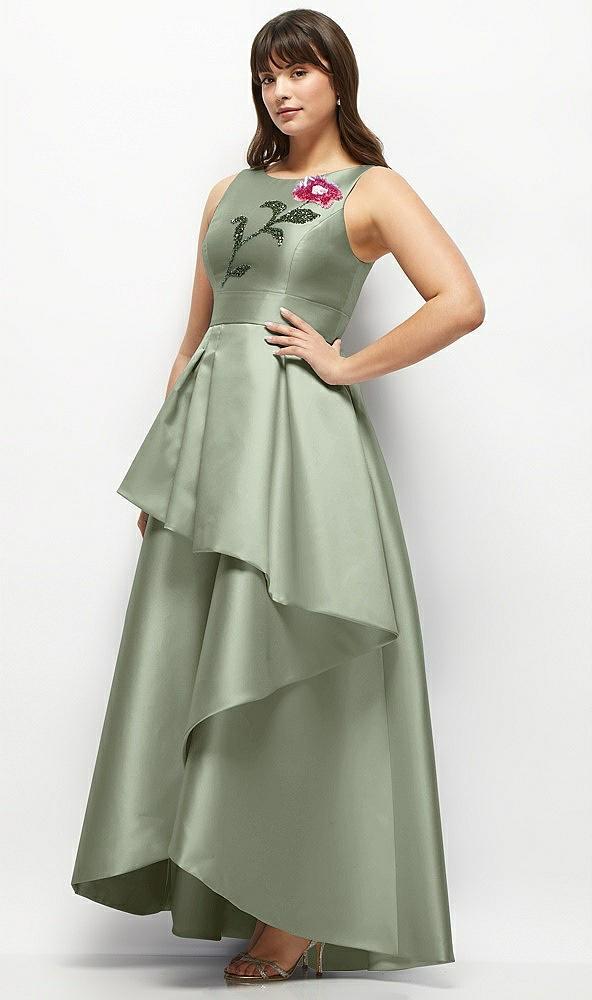 beaded floral bodice satin maxi dress with layered ballgown skirt