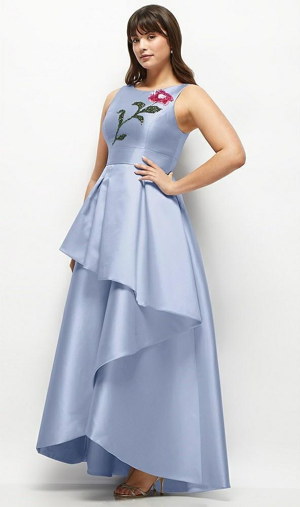 beaded floral bodice satin maxi dress with layered ballgown skirt