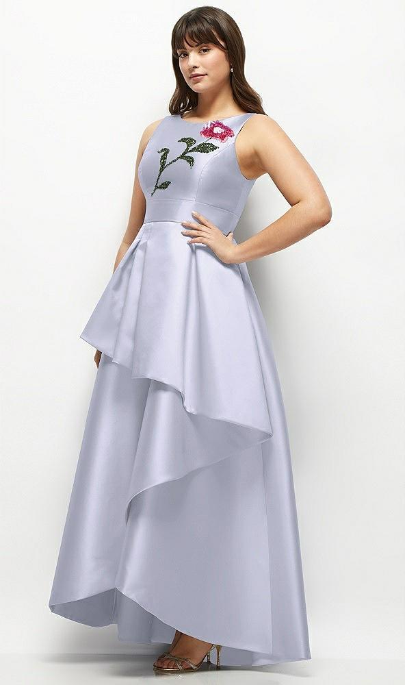 beaded floral bodice satin maxi dress with layered ballgown skirt