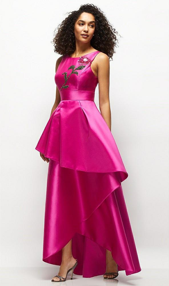 beaded floral bodice satin maxi dress with layered ballgown skirt
