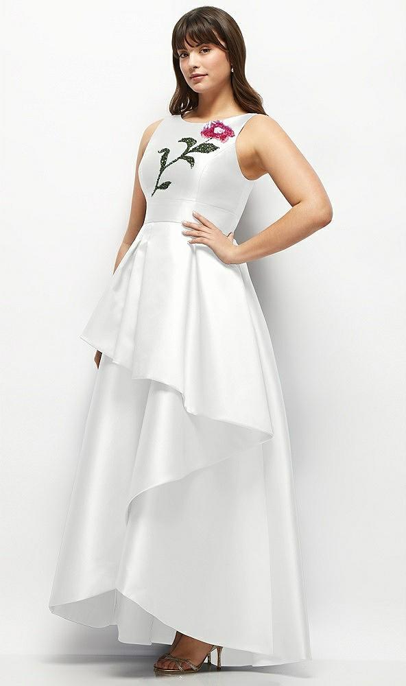 beaded floral bodice satin maxi dress with layered ballgown skirt