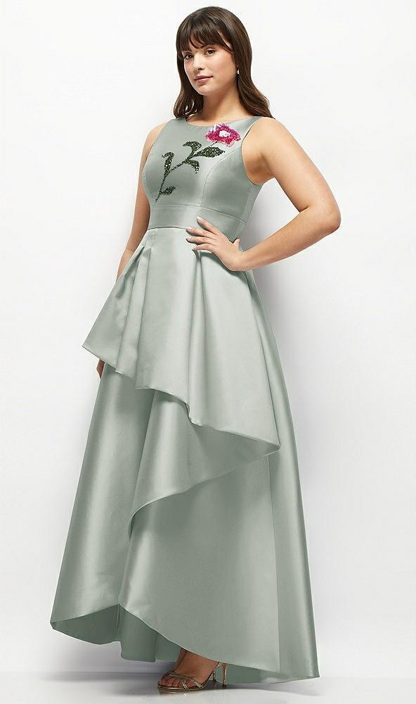 beaded floral bodice satin maxi dress with layered ballgown skirt