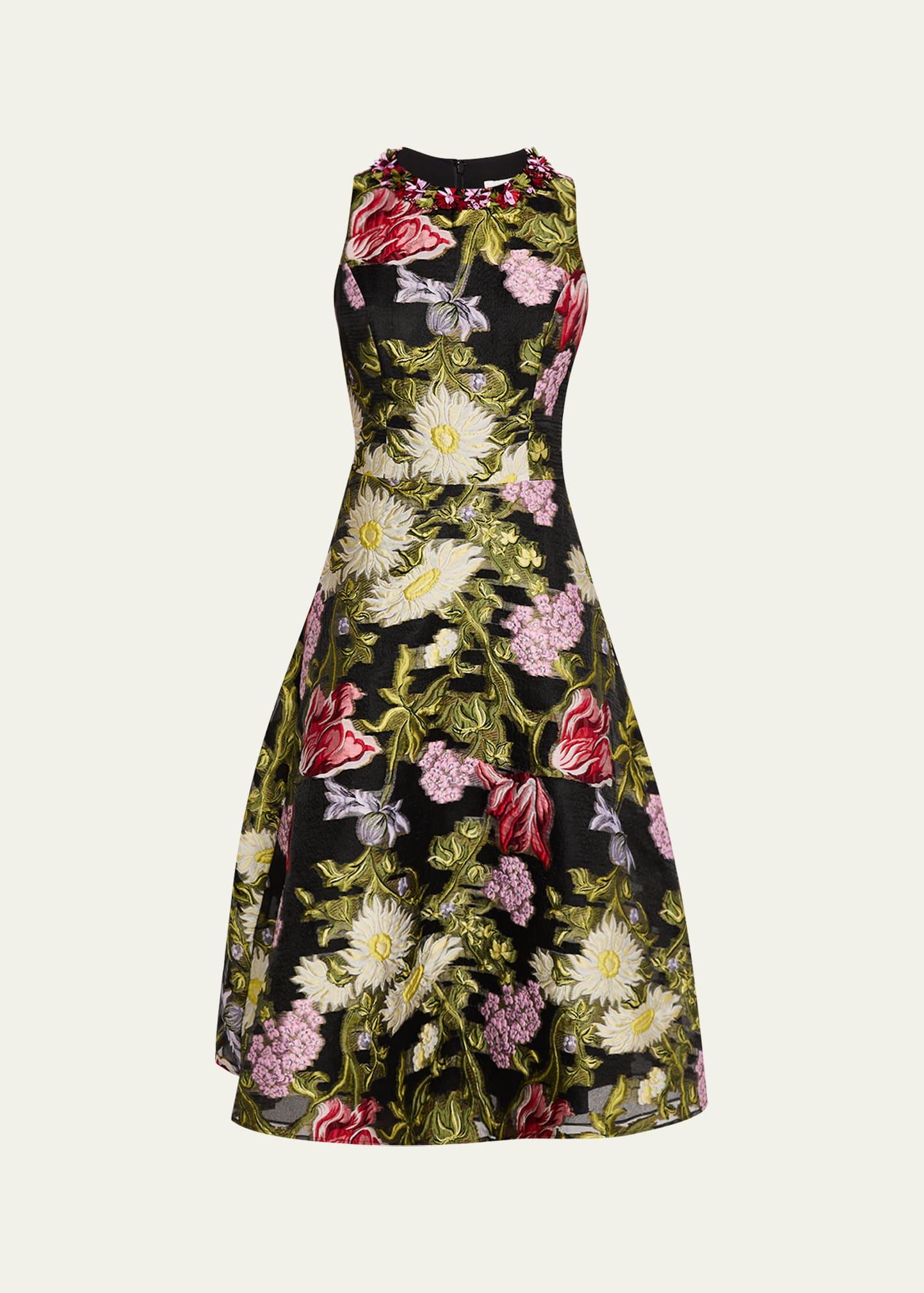 beaded floral jacquard midi dress
