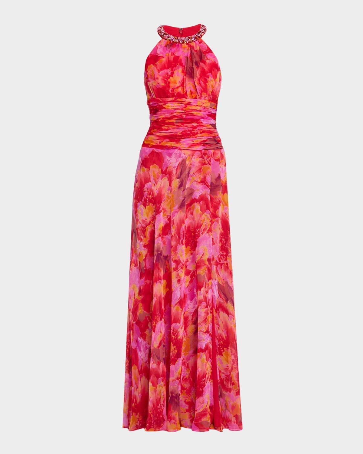 beaded floral-print chiffon halter gown