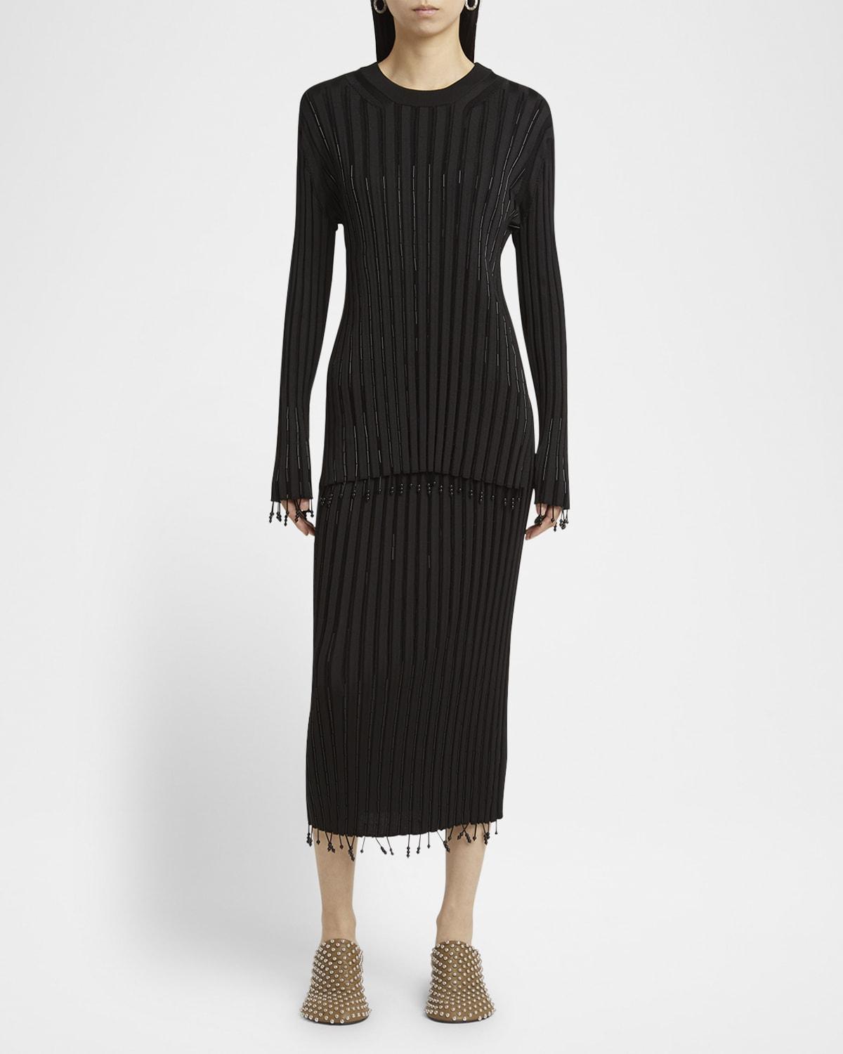 beaded fringe rib midi skirt