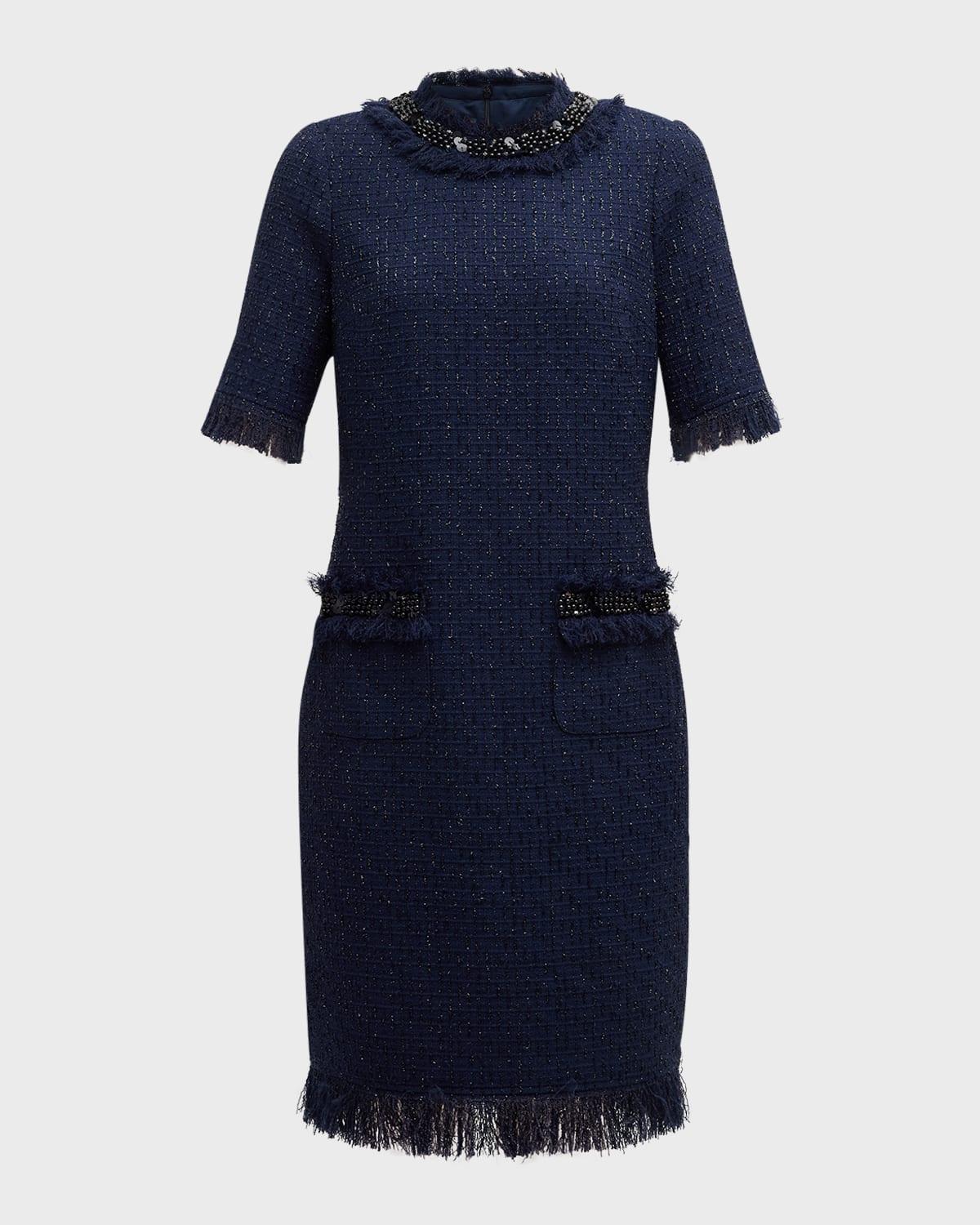 beaded fringe-trim boucle midi dress