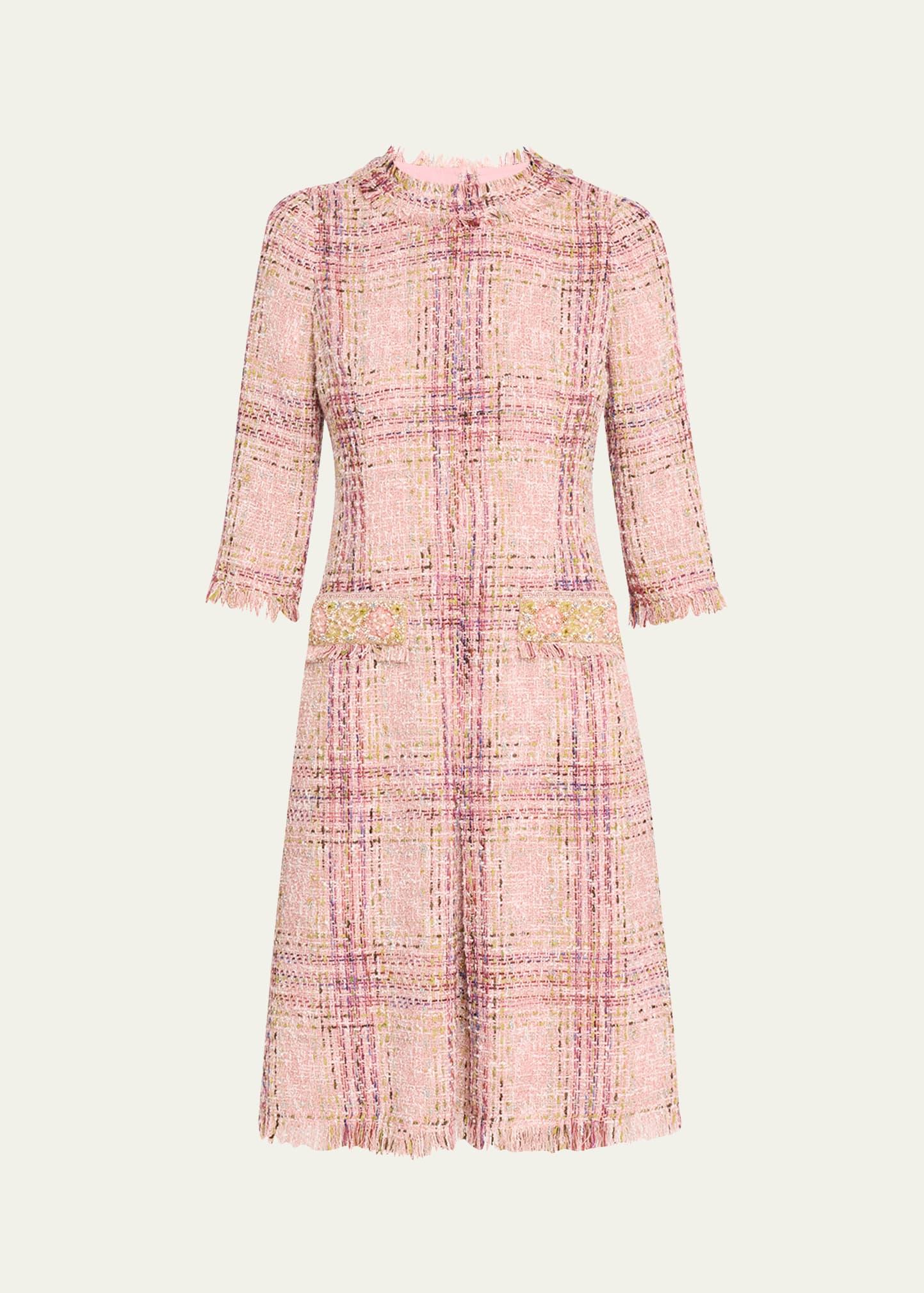 beaded fringe-trim plaid tweed midi dress